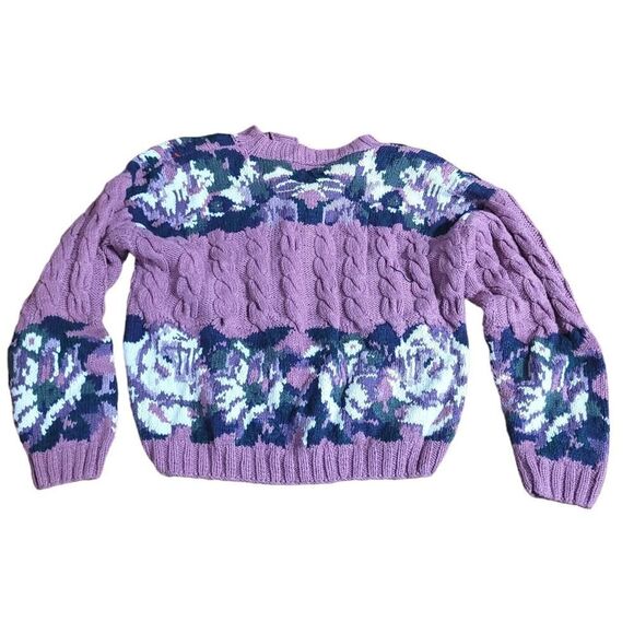 Vintage Floral Cable Knit Cardigan Sweater Handmade Purple Blue - Picture 3 of 5